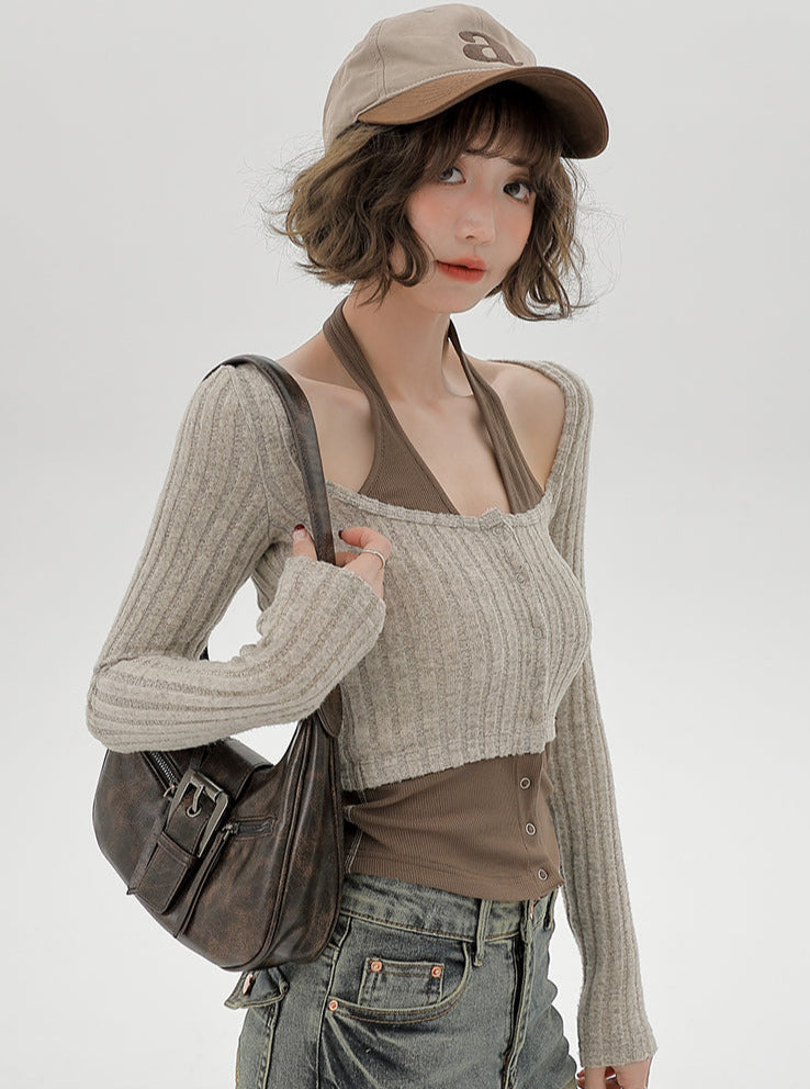 Neck Retro Piece Faux Slim Top Two American Halter