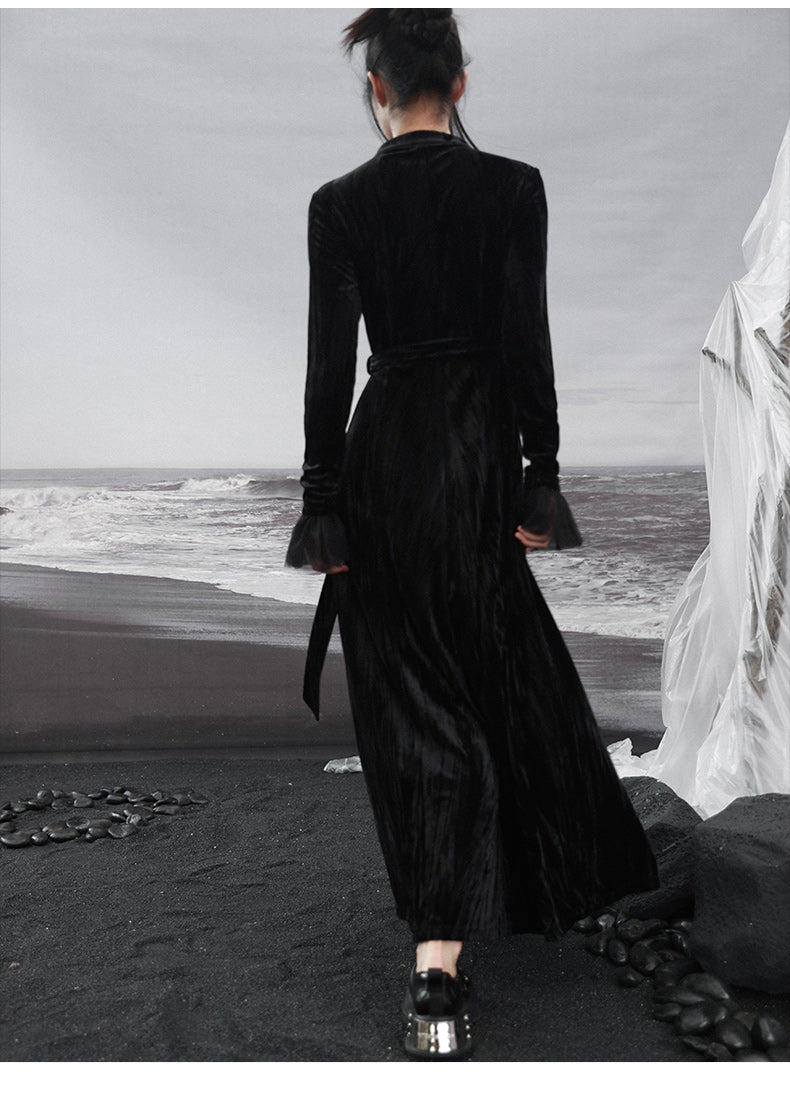 Splicing Stand Chinese V-Collar Mesh Romantic Retro Velvet Black Dress