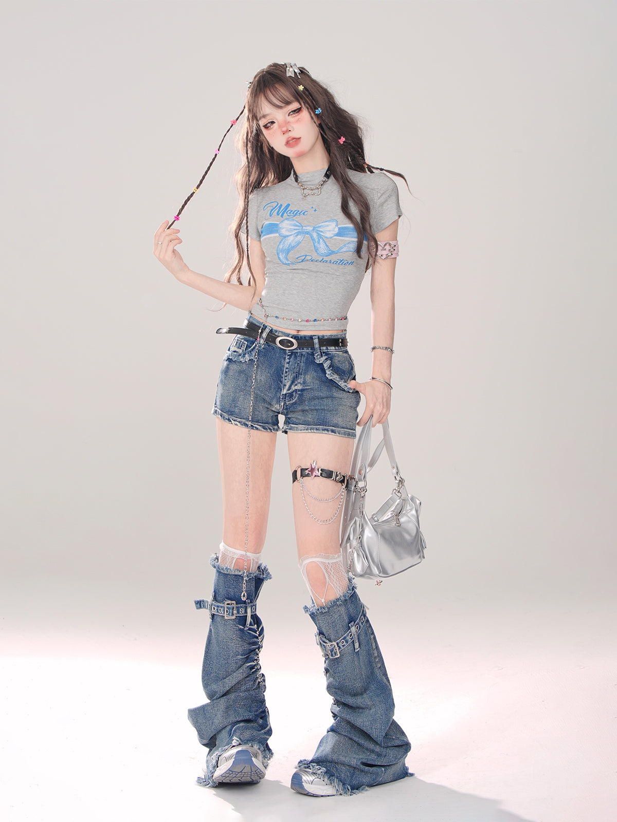 Leg Gray-and-blue + Denim Shorts A-line warmers