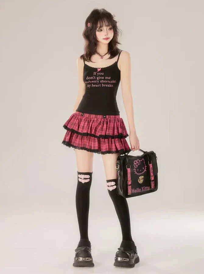 Skirt Ribbon + Top Cake Cami Print Check Black