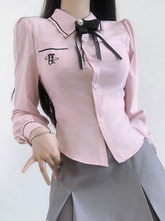 Veste Collège Gilet + Jupe Chemise Box + Slim Plissé Fille Doux Style Ruban
