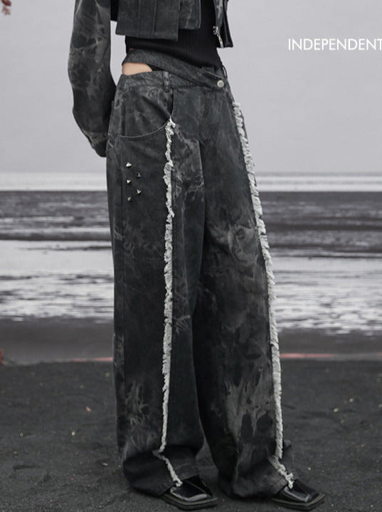 Dunkles Design Denim Lose Fransen Breite Cut-Taille