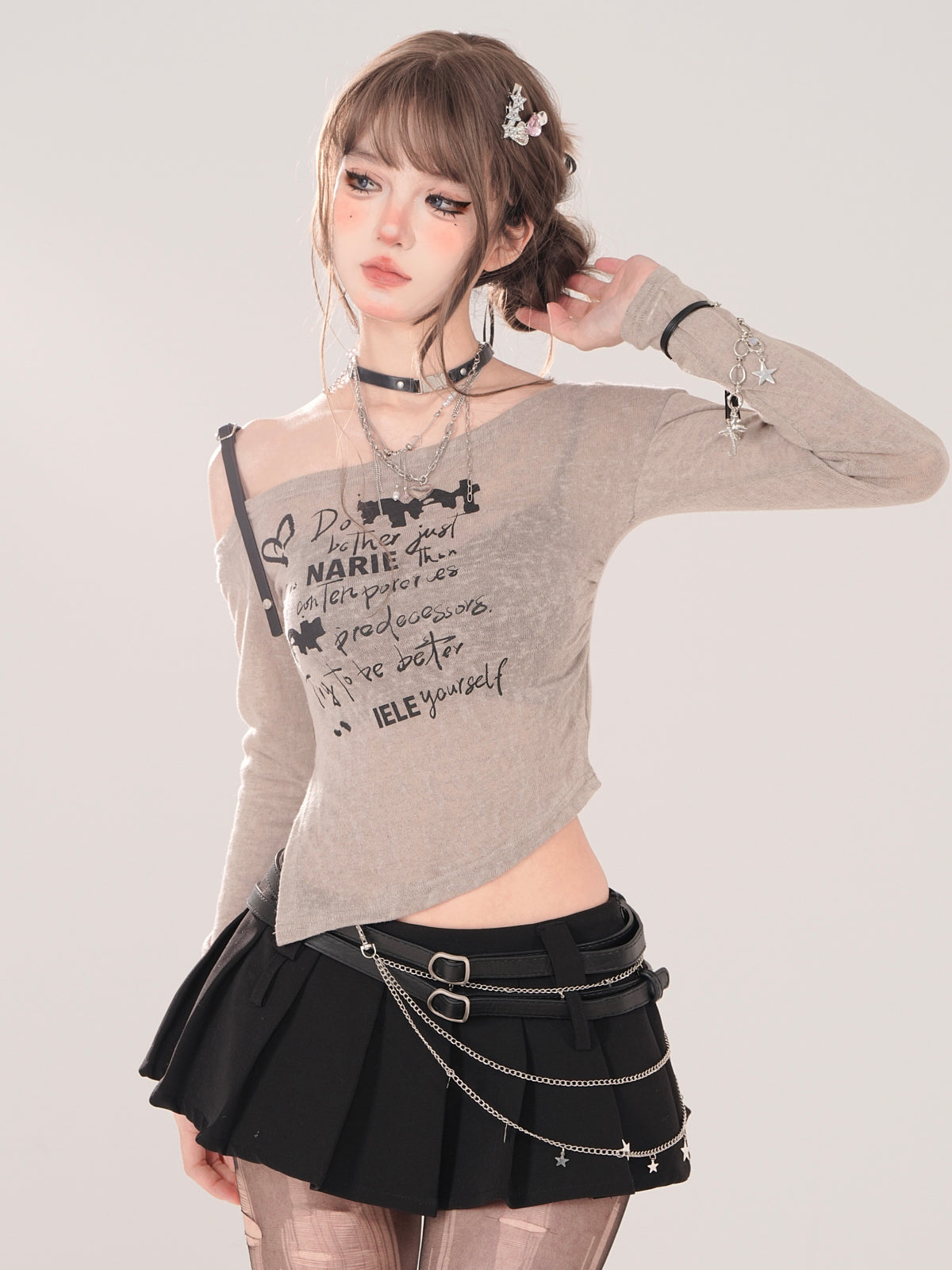 ロングスリットストラップオフショルダーイレギュラーTシアー