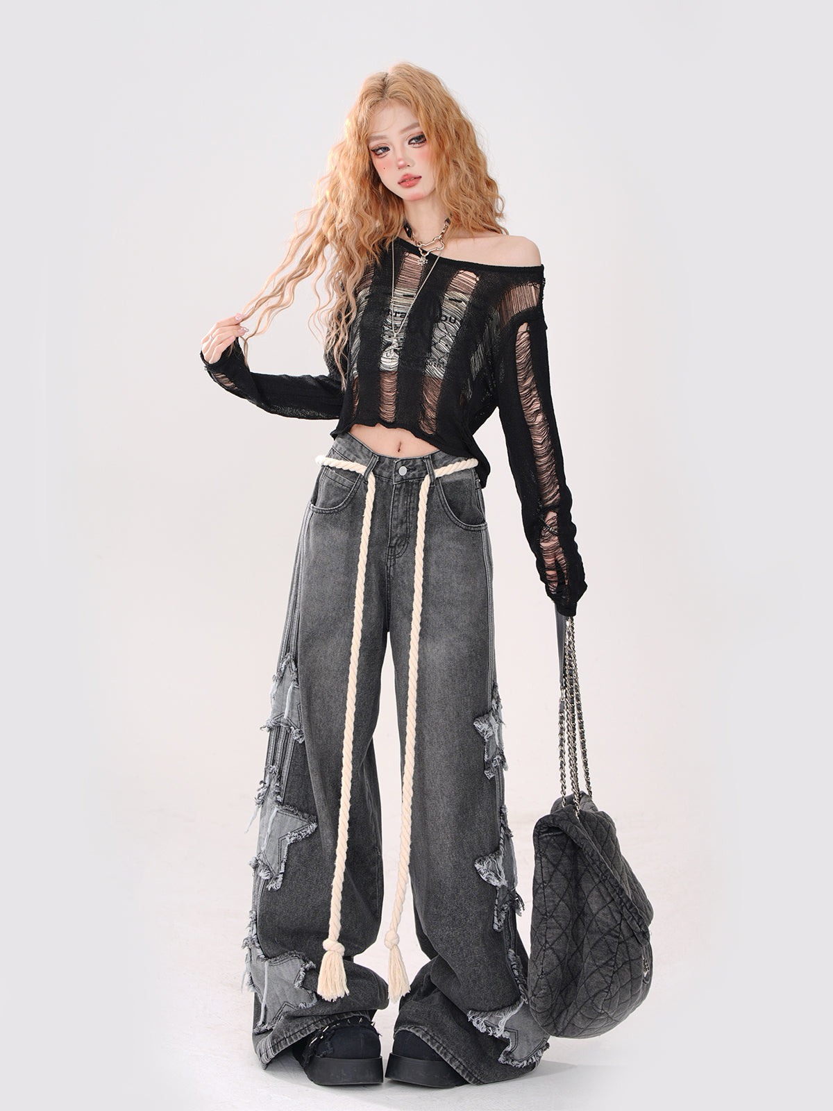 Short Top Ripped + Knit Off-Shoulder Lace-Up Top Back Tube