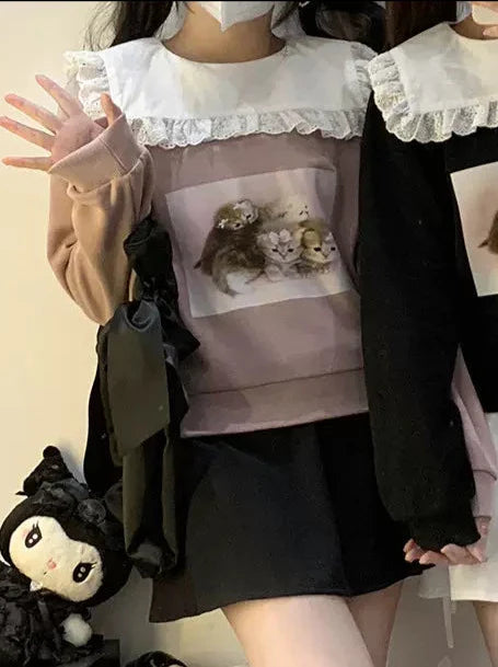 レーススクエアカラーキャットプリントトレーナー