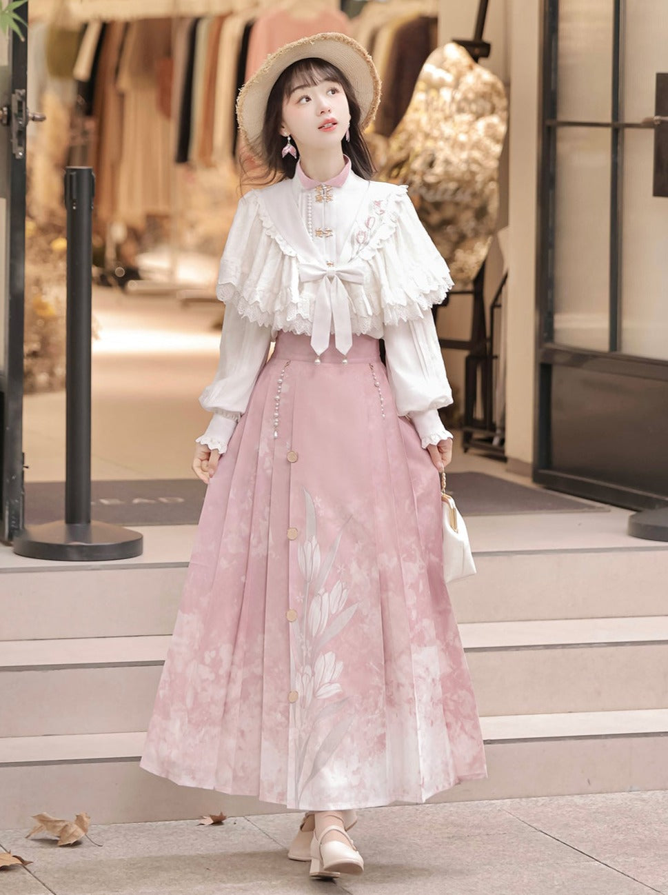 ブラウス プリーツショール リボンスカート チャイナ + スイートレース フローラル