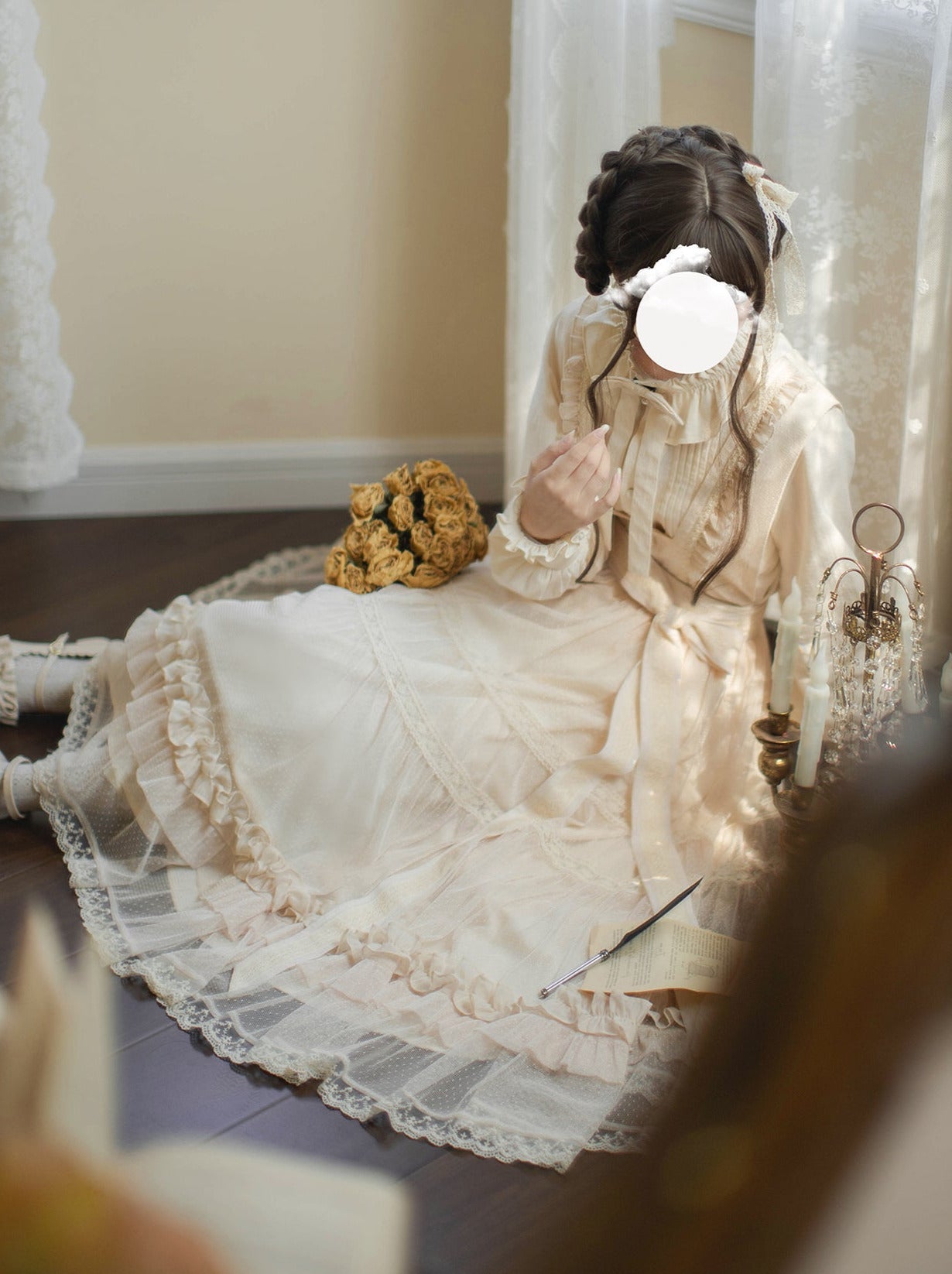 Haut à pois taille haute Lolita à volants et ruban, robe d'été légère, élégante et douce avec ruban en dentelle