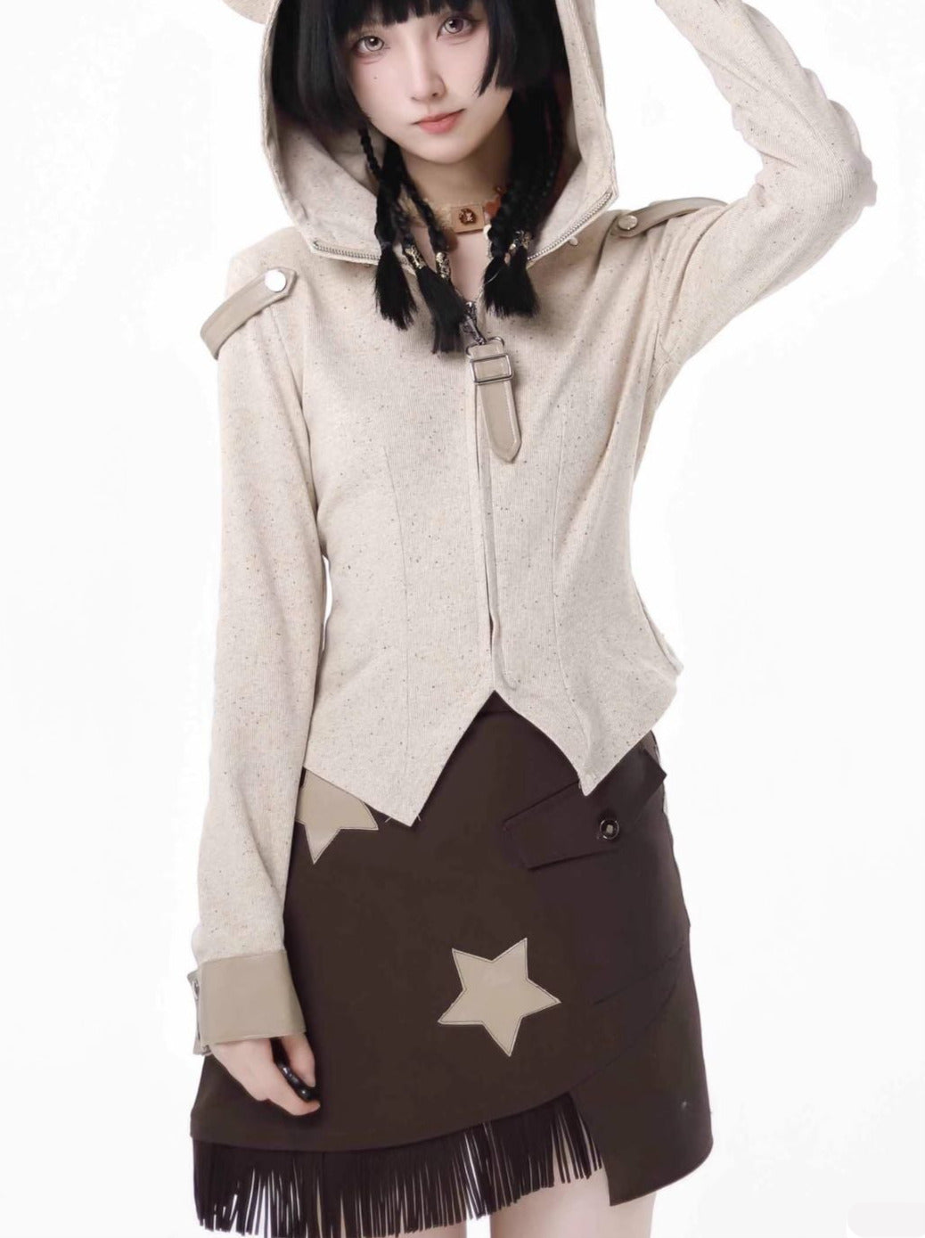 Design Split Wonder Bear Knit Top Shawl Maillard