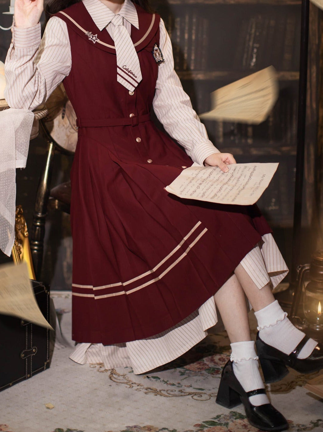 Shirt Dress Color + Tie Pleated Navy Suit Striped Badge Retro Magic Dress Academy