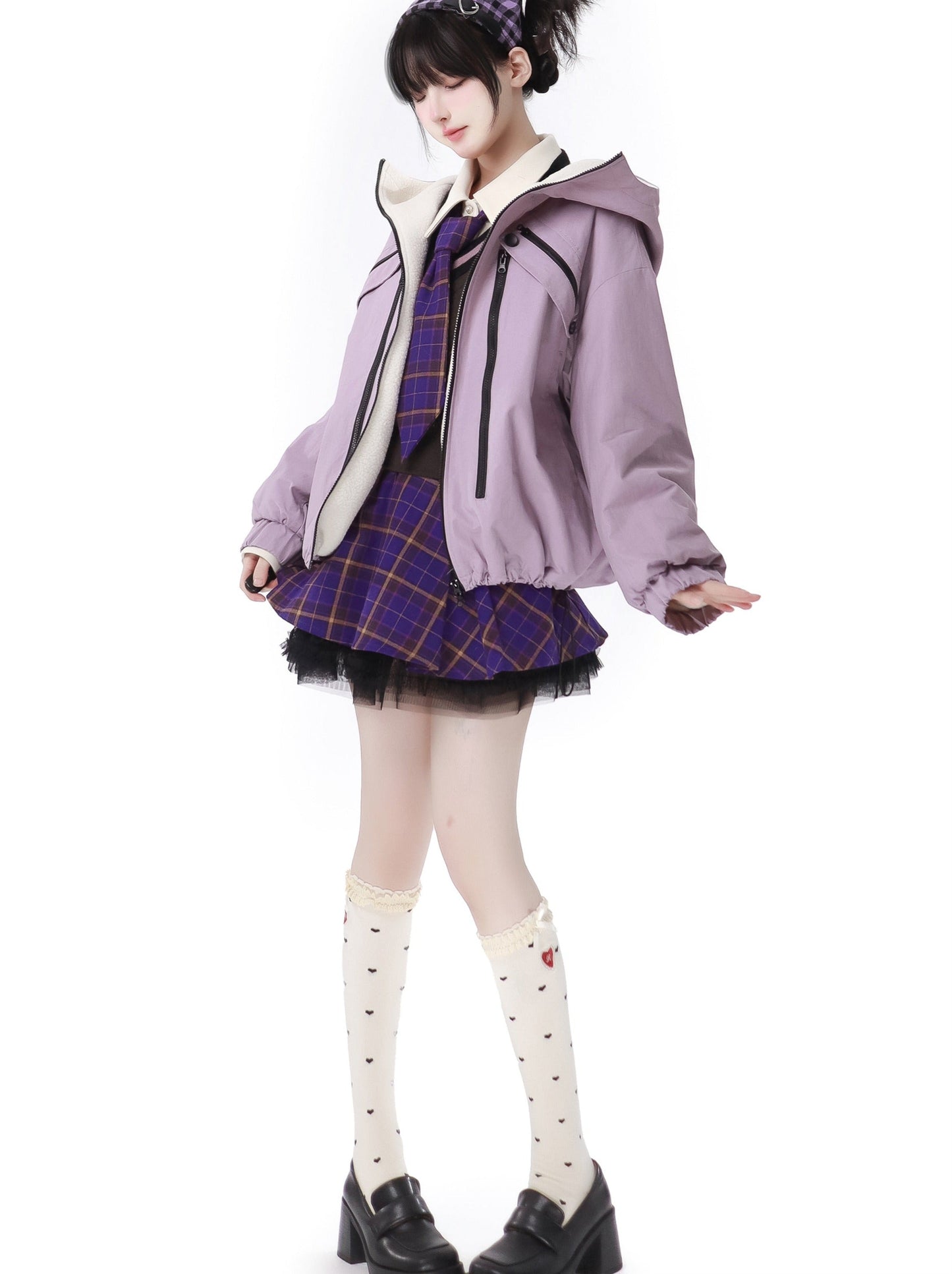 Lila Taro-Jacke mit mehreren Taschen, Strickanzug mit Rock