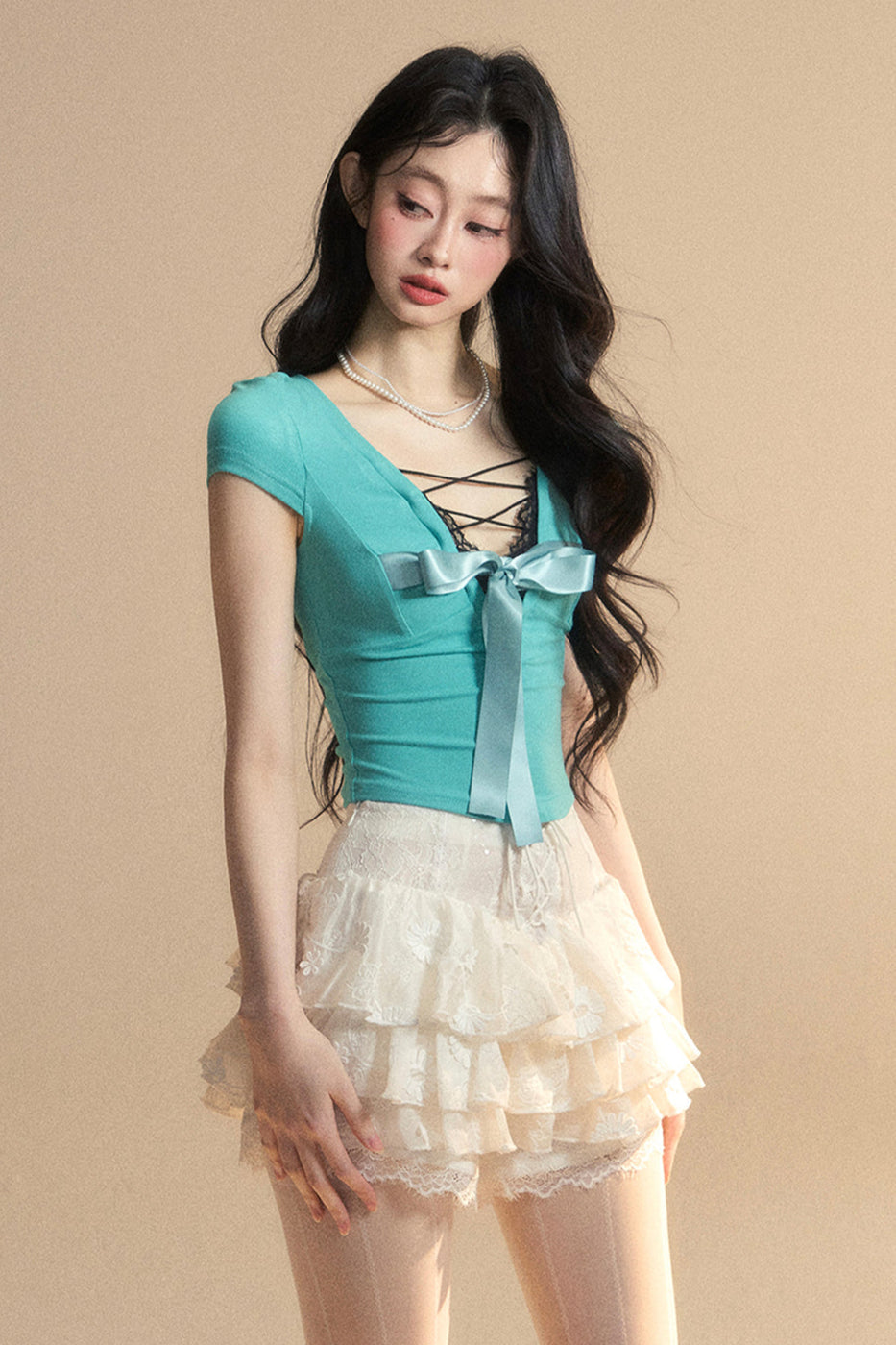 Top Reservations Ribbon Trim Lace Chic Crop