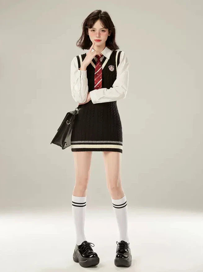 Robe style tricot + cravate universitaire, gilet blanc, chemise à col en V