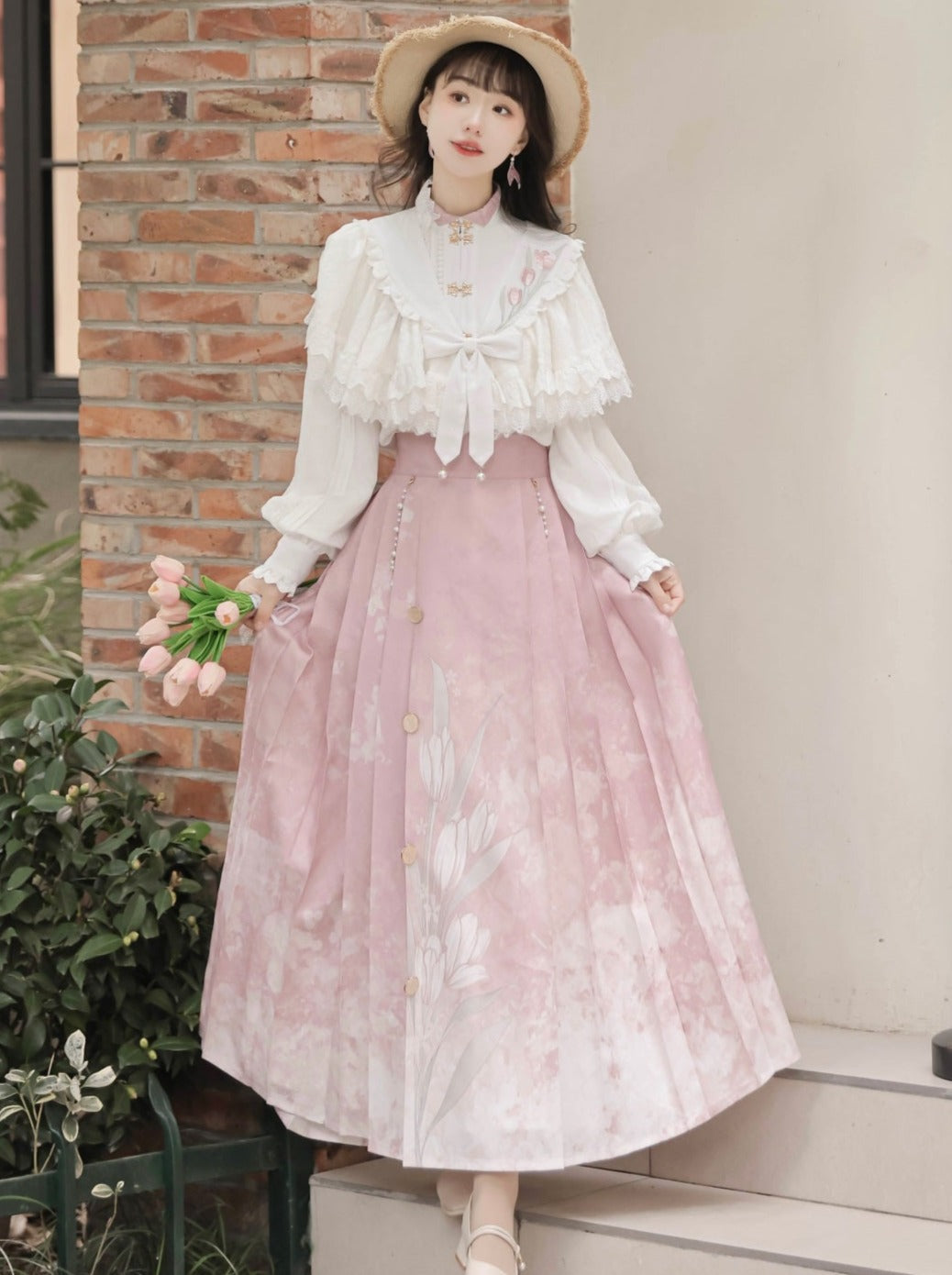 ブラウス プリーツショール リボンスカート チャイナ + スイートレース フローラル