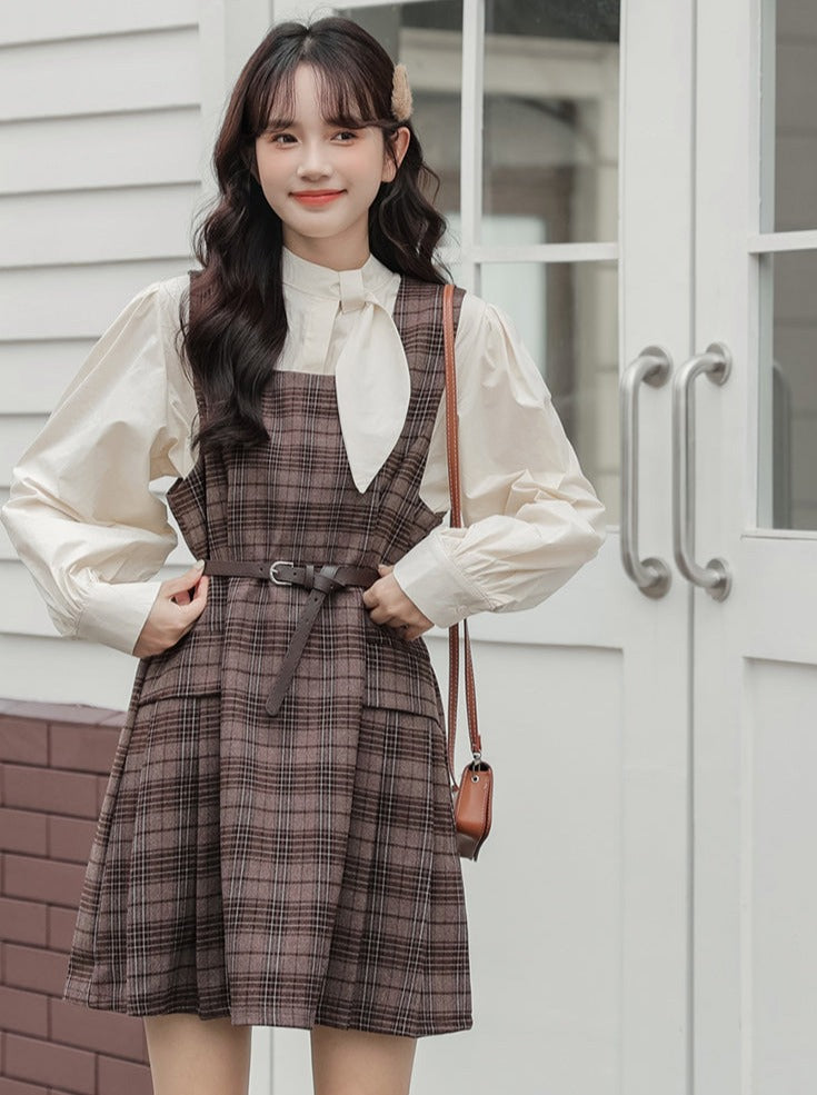 Checked Skirt Ribbon Shirt + Suspender