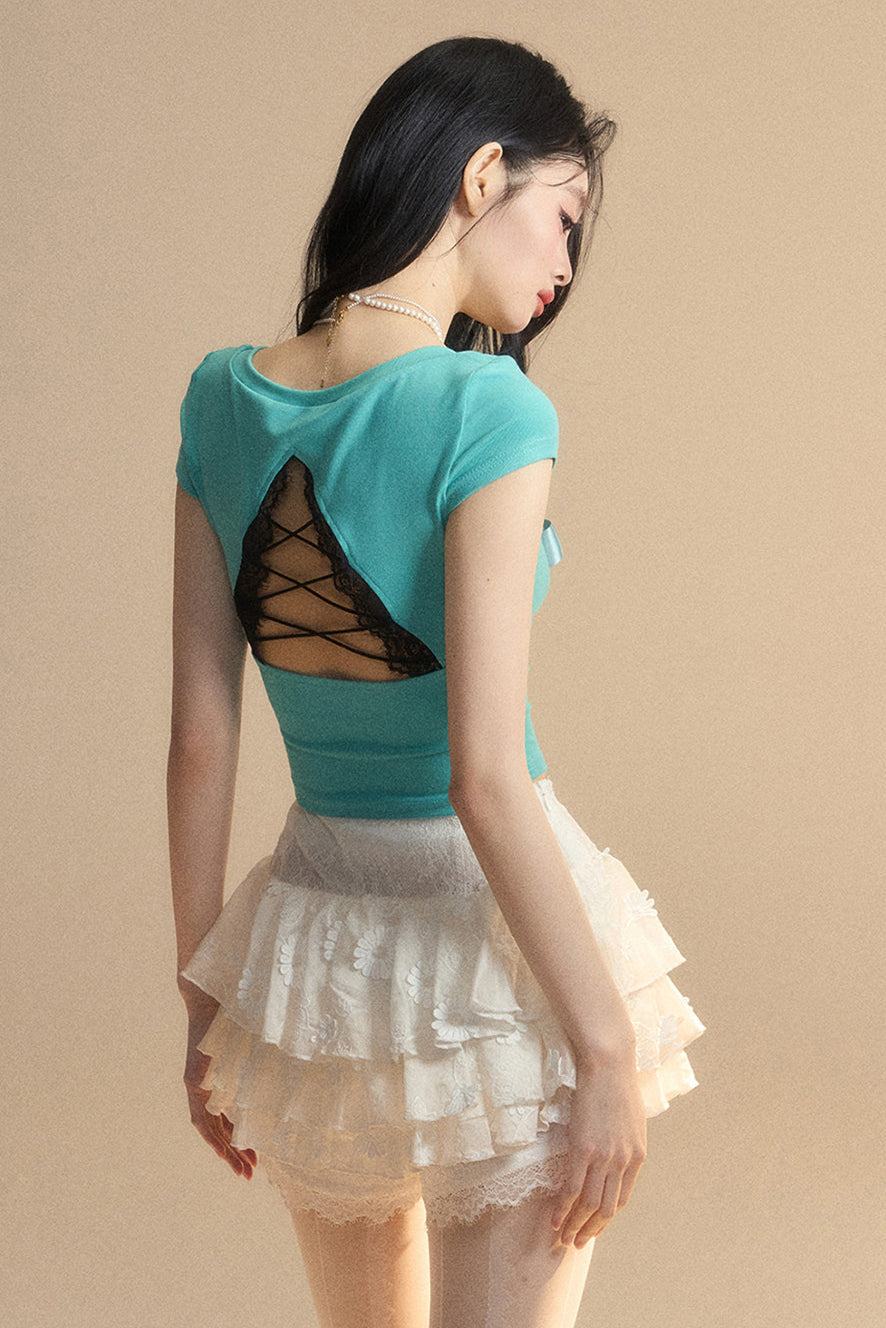 Top Reservations Ribbon Trim Lace Chic Crop