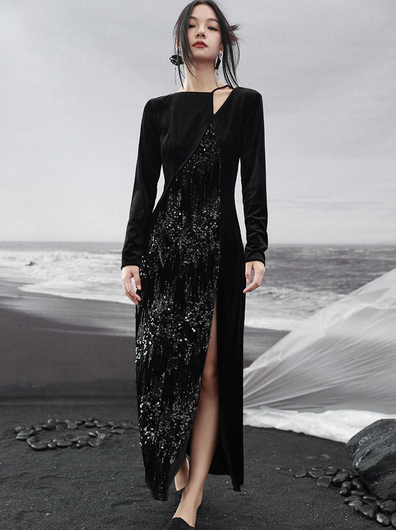 Dress Niche Slit Glitter Design Velvet