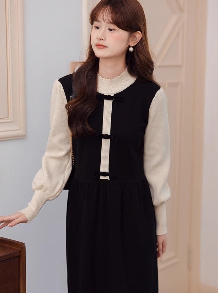 Piece Collar High Dress Half Two Contrast Faux