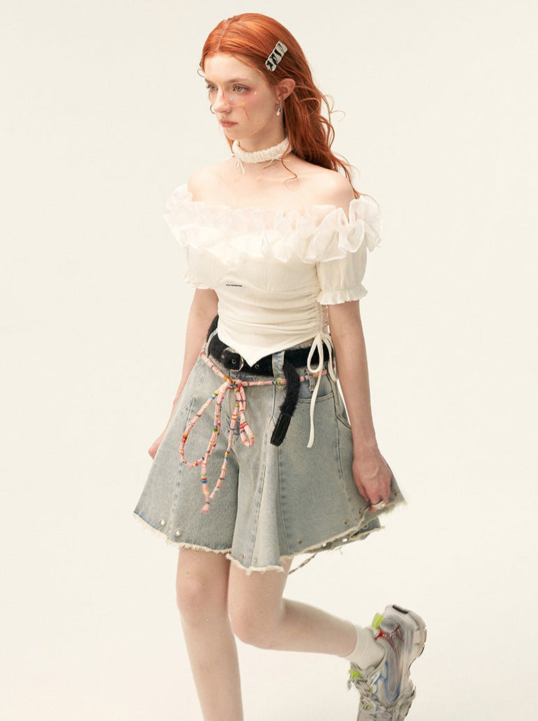 Haut en dentelle, épaules en tulle, haut fleuri, tricot