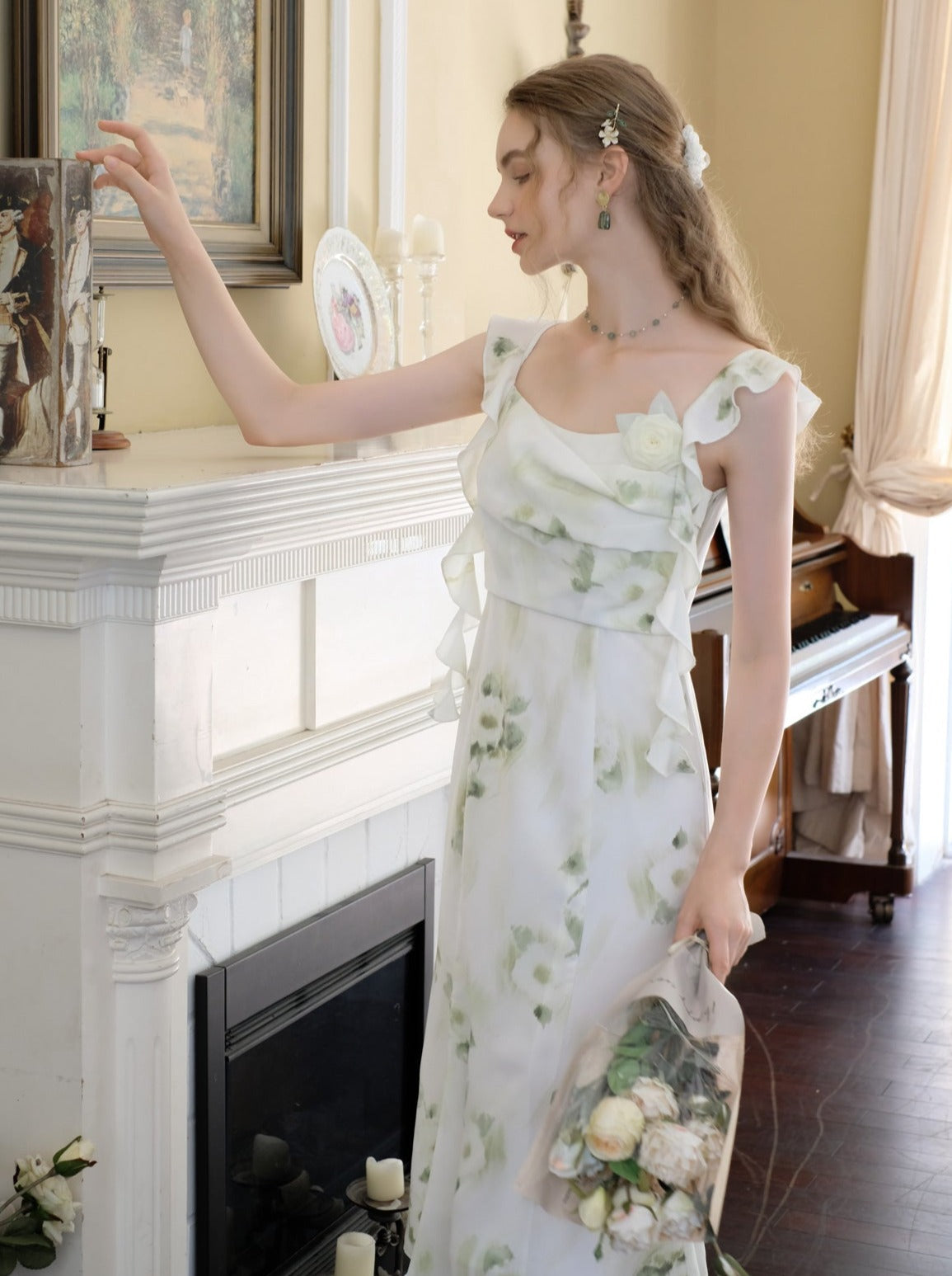 Skirt Top Green Camisole Flower Sheer + Chiffon