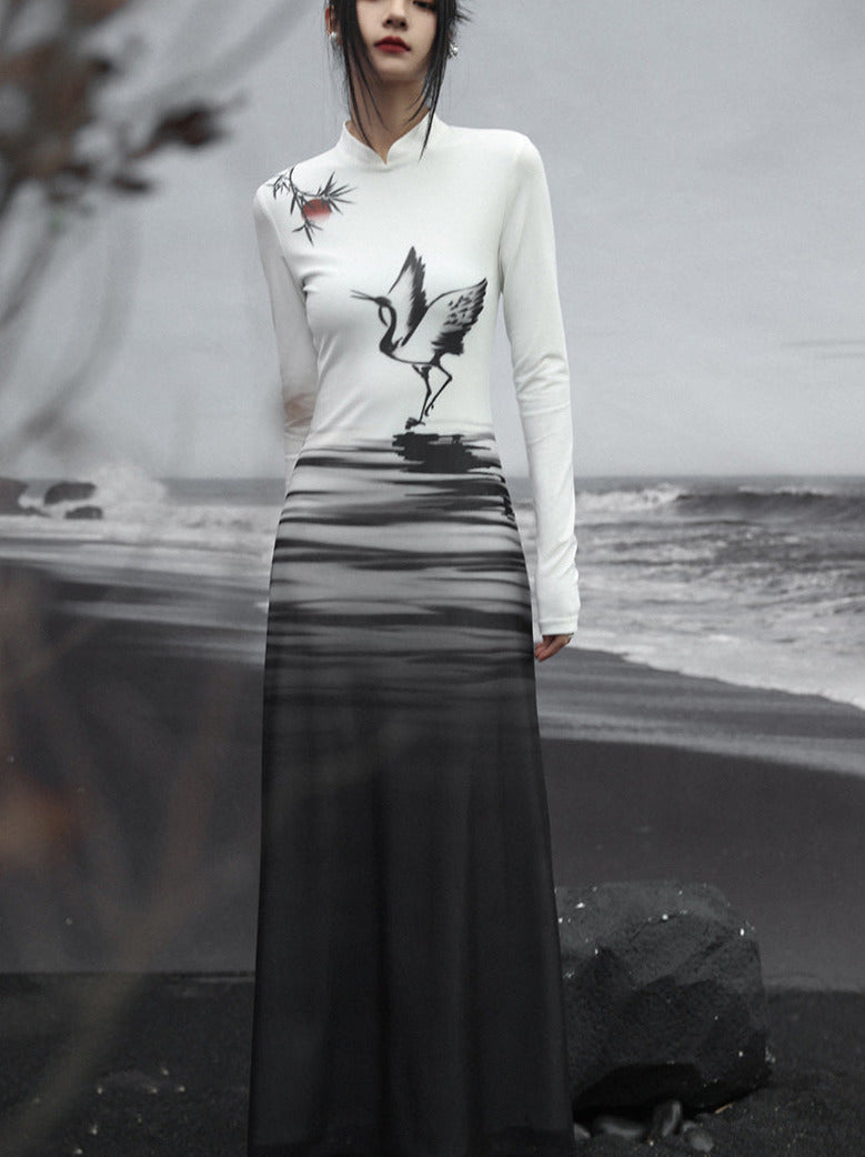 Long Dress Painting Knit Slim China Print Ink