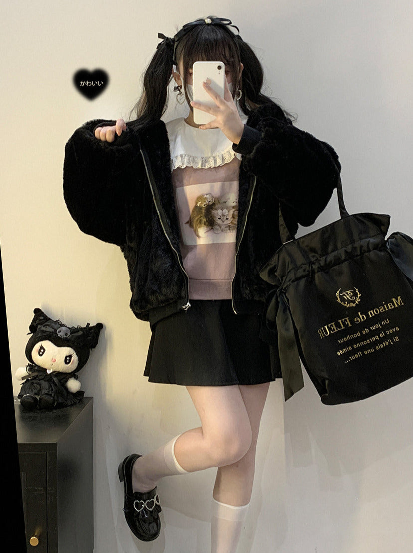 レーススクエアカラーキャットプリントトレーナー