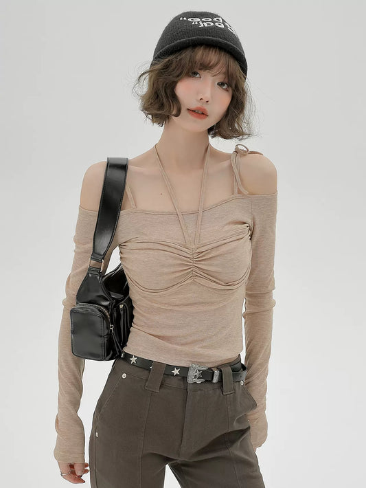 Shoulder Ribbon Halter Neck Top Off