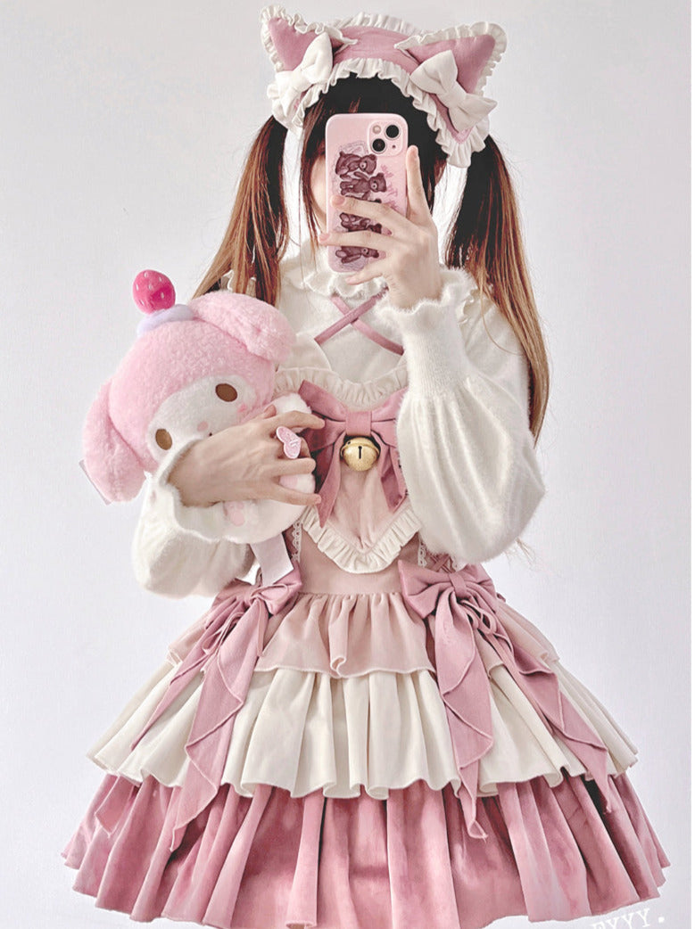 Suspender Dress Set Ear Velvet Tail Hairband Frill Puffy Cat Heart