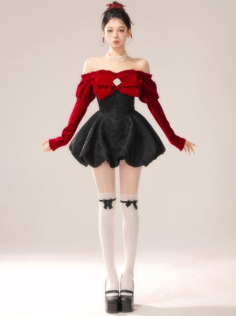 Center Jewel Big Bow Off-the-shoulder Dress