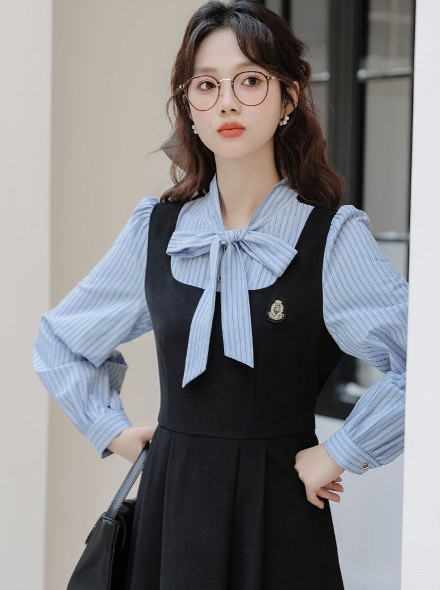 Striped Style Dress Splicing Faux College