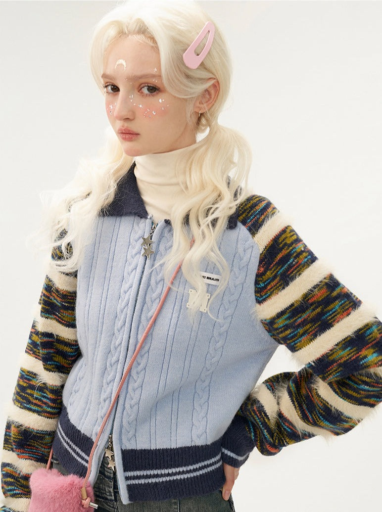 Line Mixed Zipper Double Sweater Cardigan