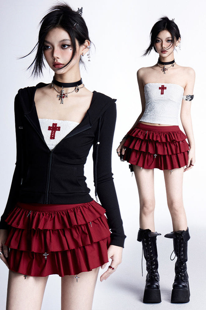 + Cross Cake Ruffle Hoodie Skirt Slim Hooded Top Tube