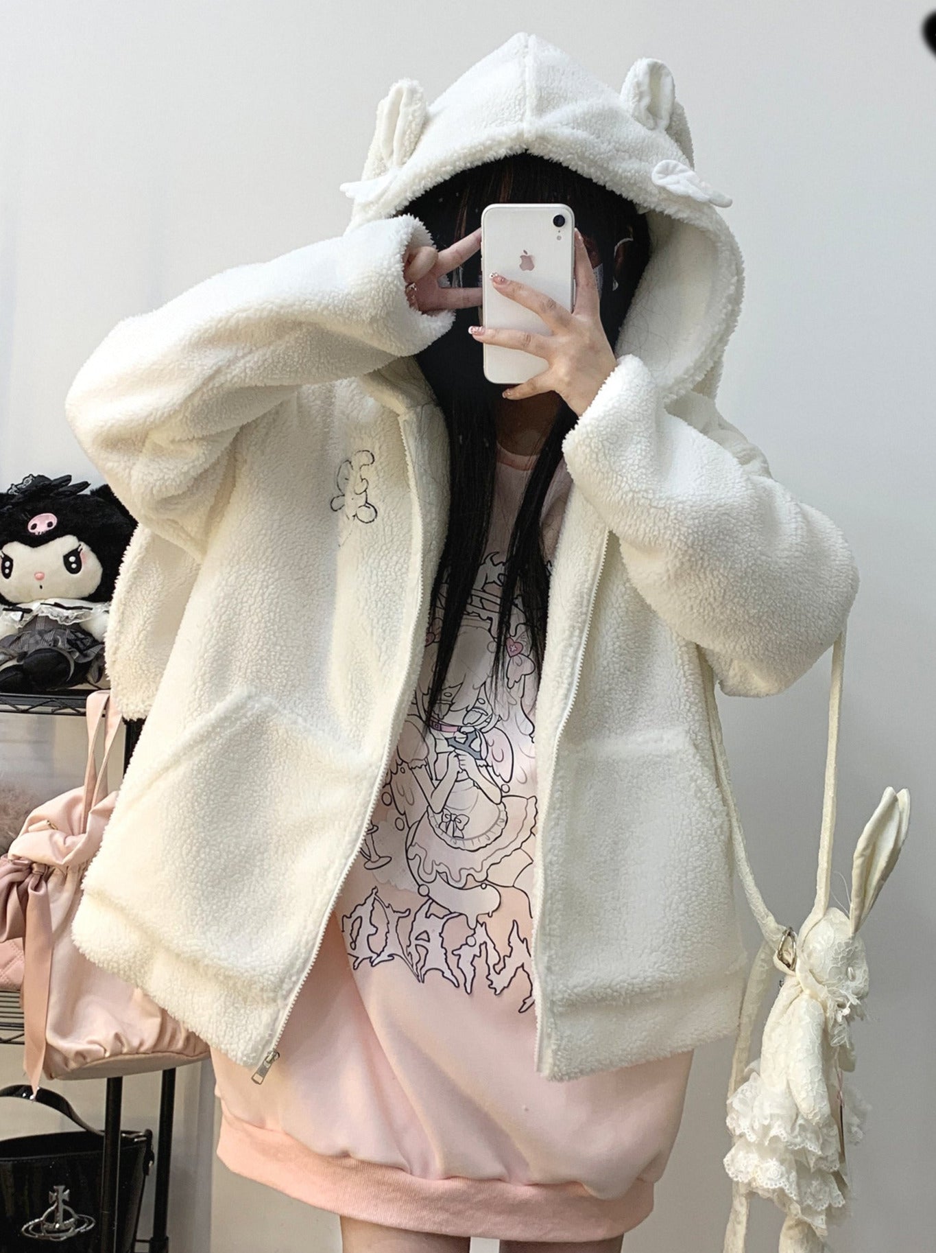 Veste zippée en peluche à oreilles de lapin gourmandes courtes/longues