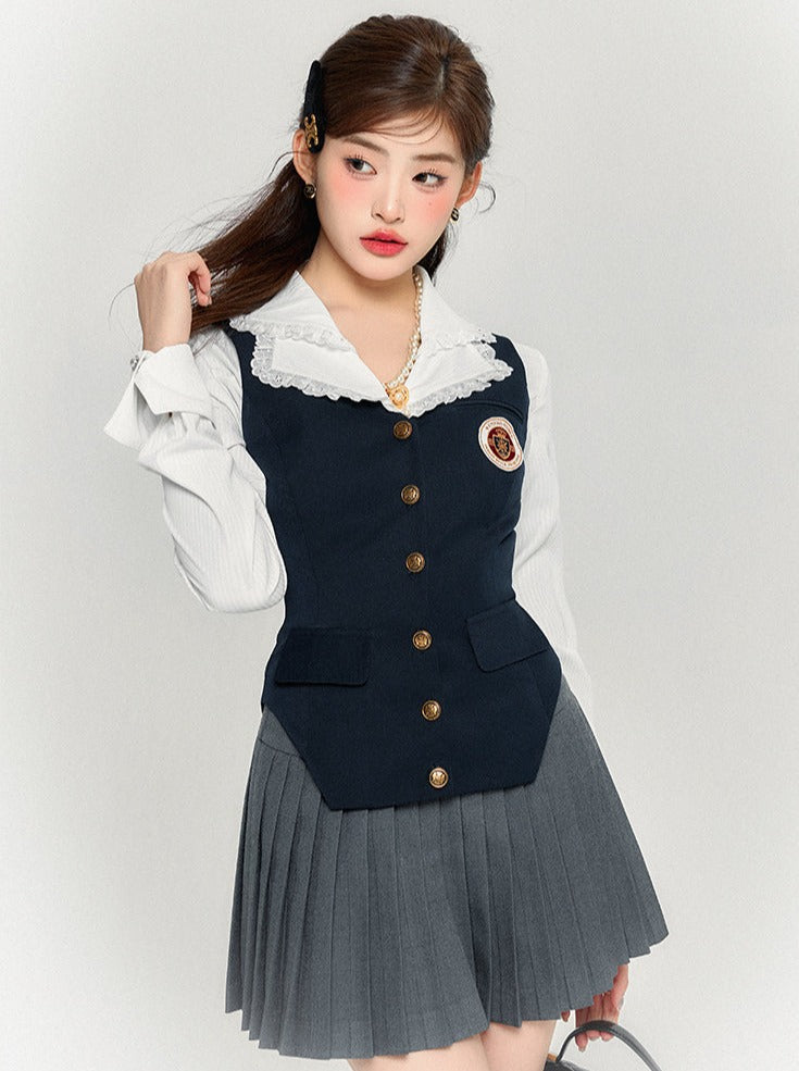 Chemise rétro avec gilet et jupe slim plissée style collège