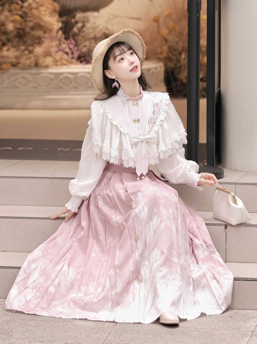 ブラウス プリーツショール リボンスカート チャイナ + スイートレース フローラル