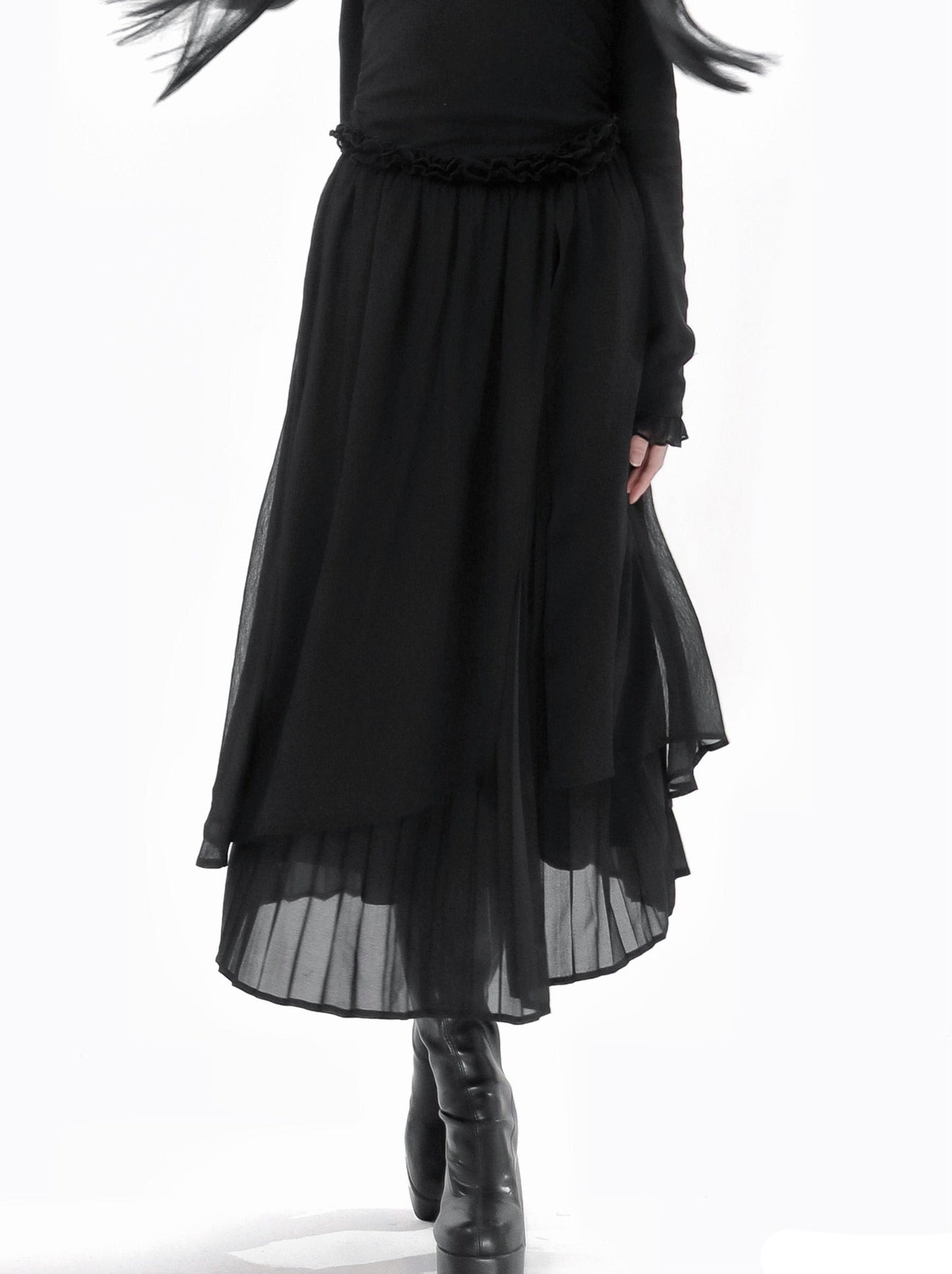 チャイナホイト ブラックニット スプリングウエスト フリル トゥルドレス