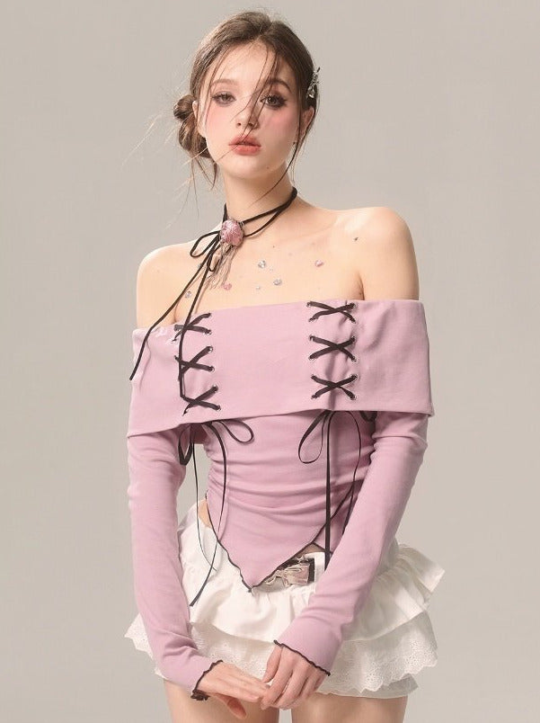 Strap Top Ribbon Off-the-shoulder Ruffle High-end