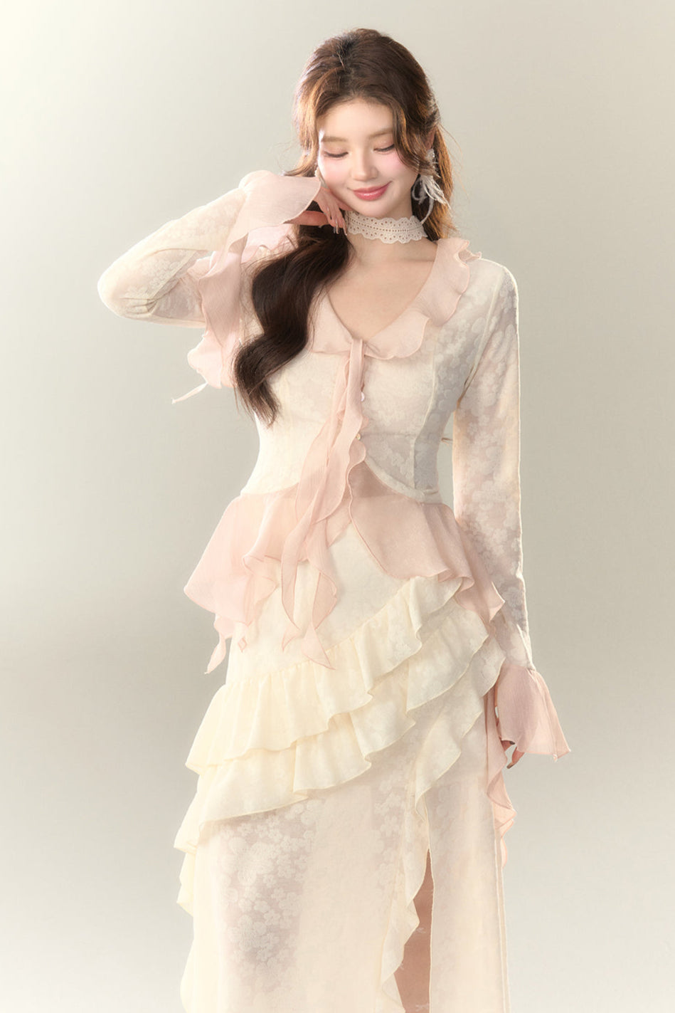 Top Sweet + Long Skirt Sheer Frilled