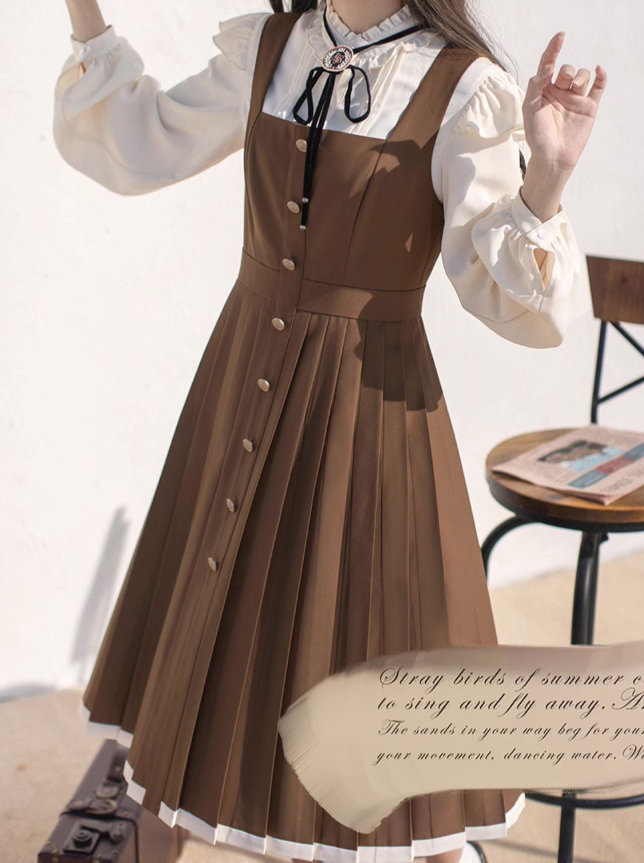 College Dress Shirt Pleated Suspender + Retro Ribbon Accessories Stand Ruffle Collar