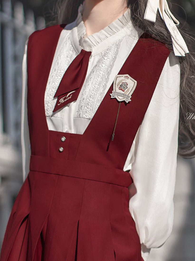 Shirt Retro Chiffon Badge + College Lace Tie + Elegant + Red Red Emblem Sundress