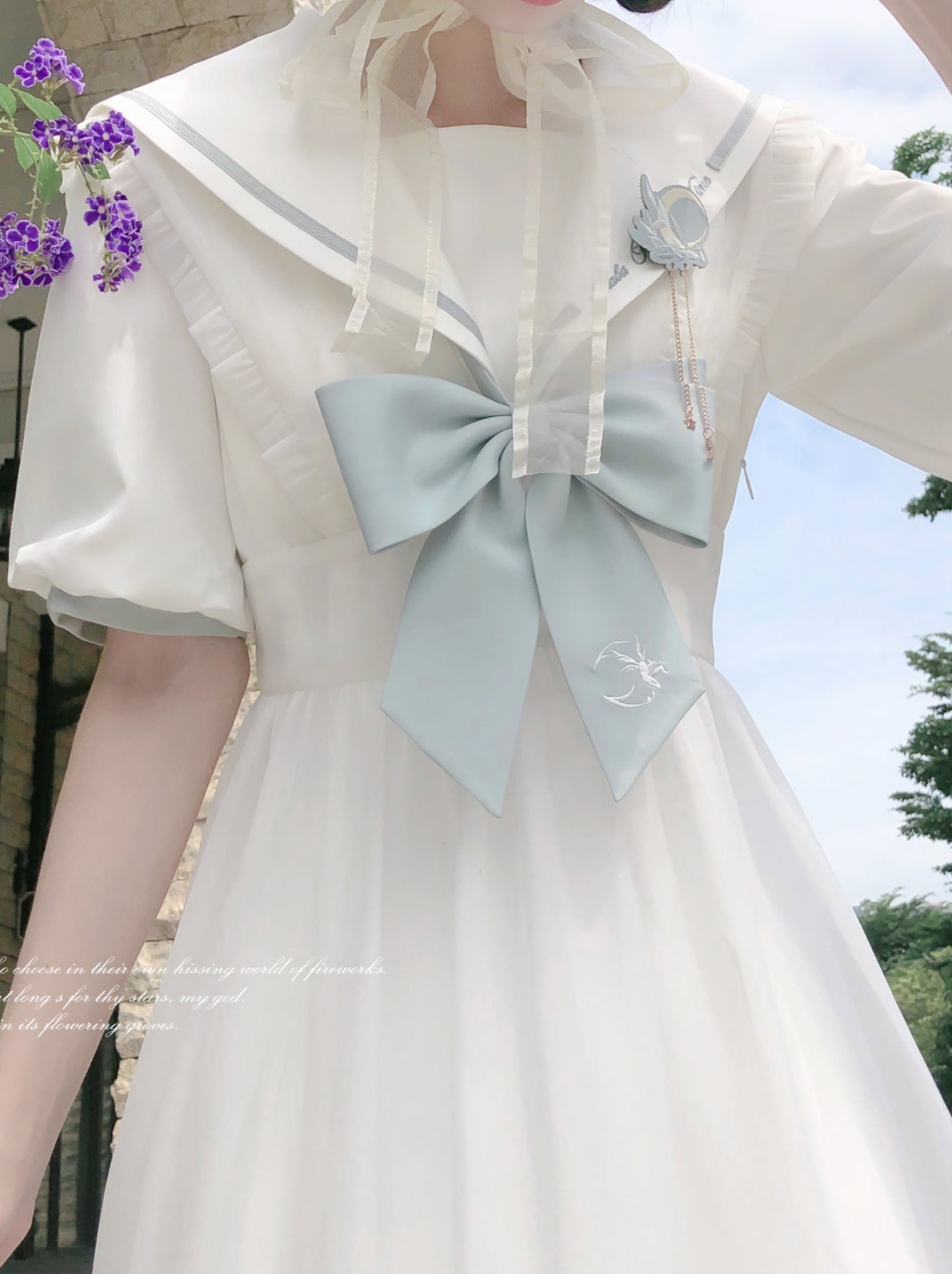 Sleeve Haori Tulle Overskirt Ribbon Badge Collar Puff Sailor Tie Dress