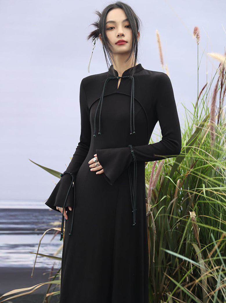 Bell Knit Retro Sleeve Dress China Buckle Long