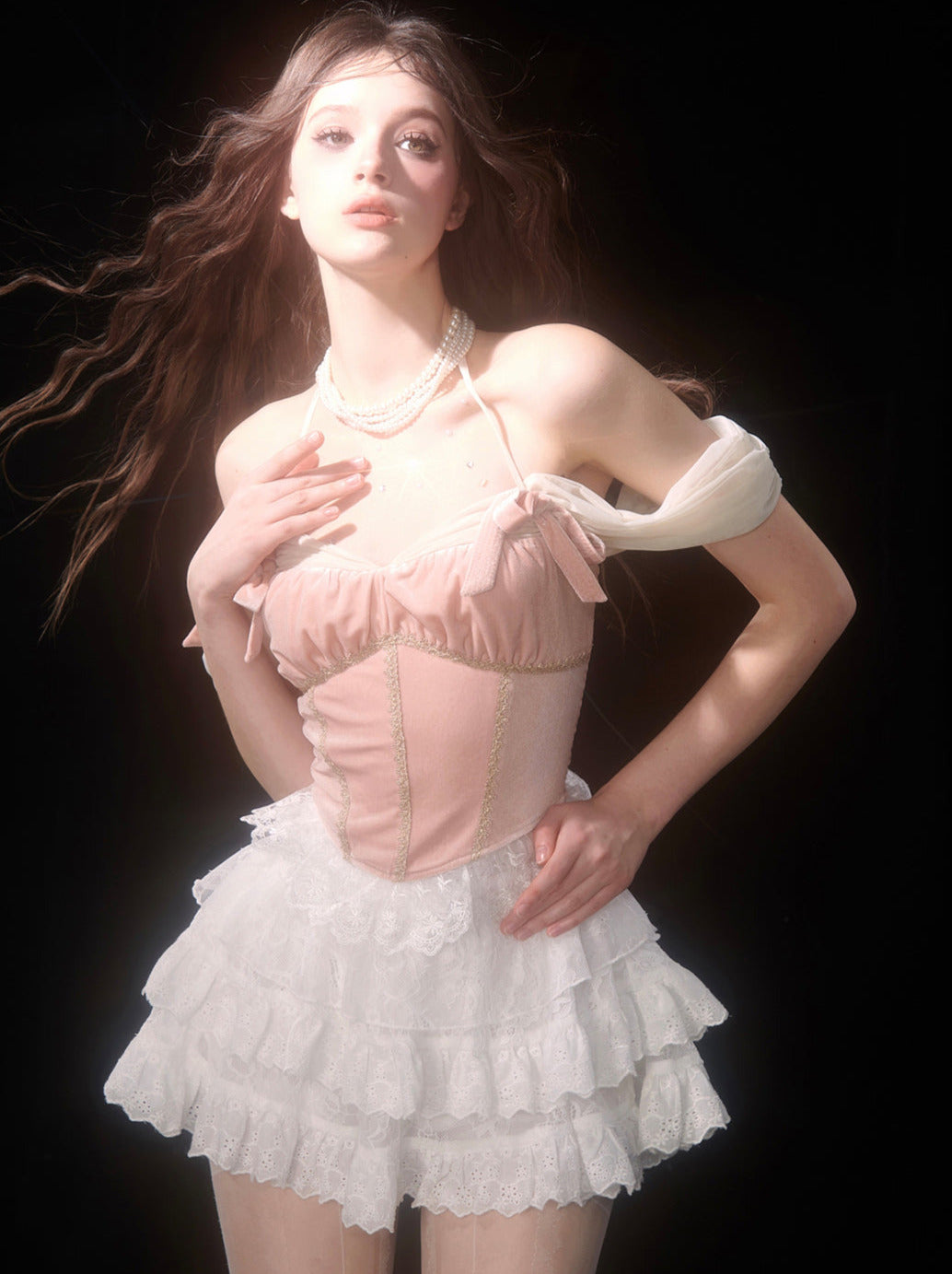 Lace White Lace Off-the-shoulder Cake Style + Ballet Skirt Top Pink Velvet Strap