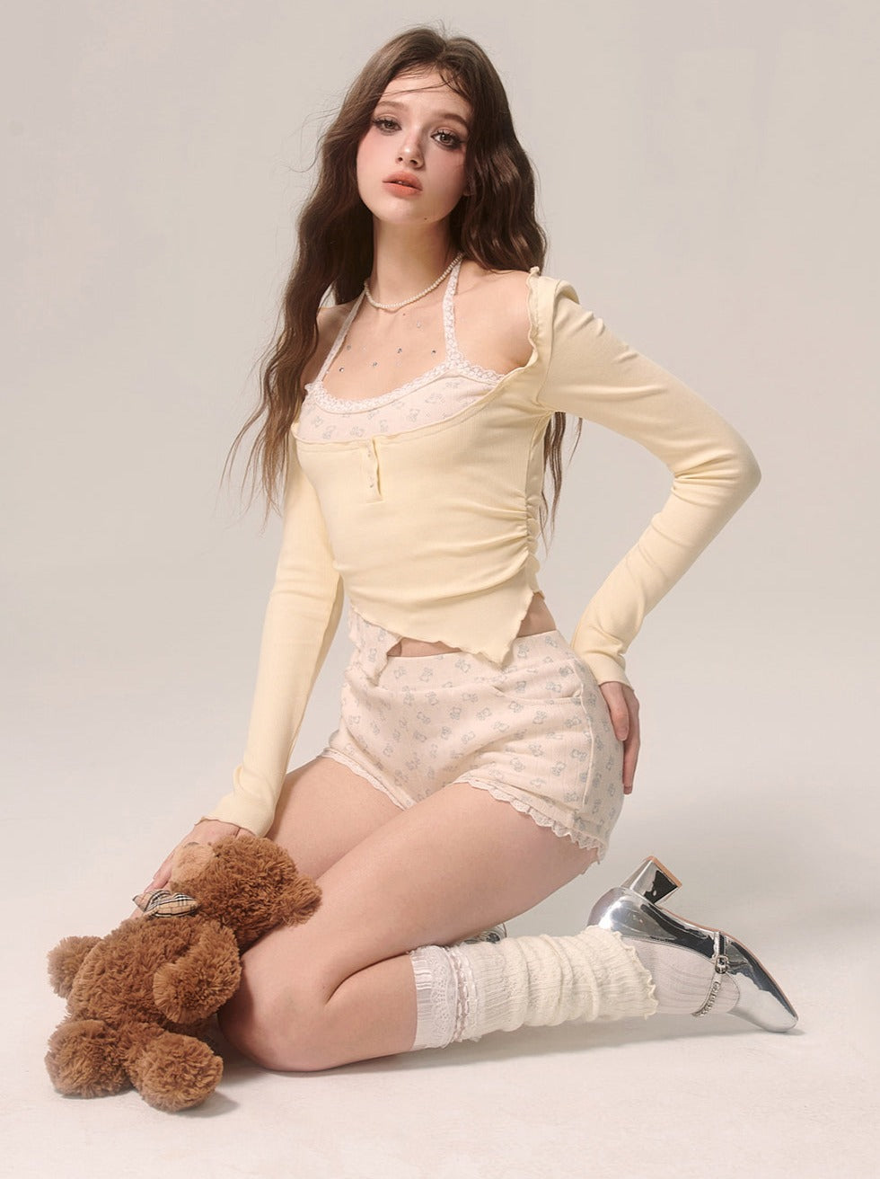 Milky Faux Piece Cream Eye Halter Two Top Neck Yellow