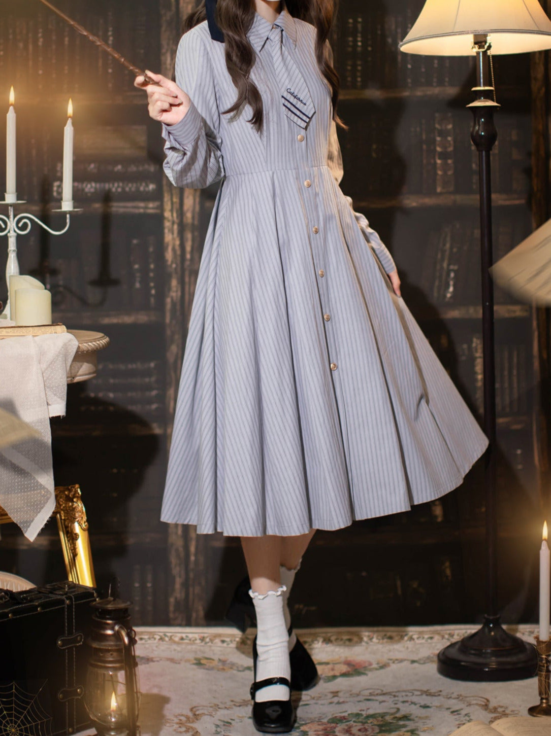 Shirt Dress Color + Tie Pleated Navy Suit Striped Badge Retro Magic Dress Academy