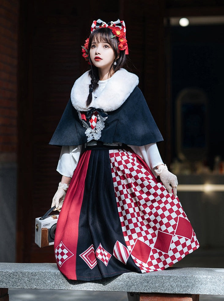 trumpet fur blouse cape + China accessories tassel scarf jumper skirt