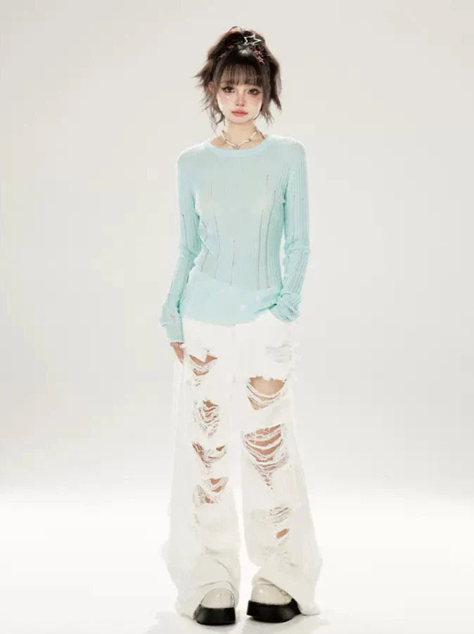 Slim Neck Ground Rippin Knit Irregular Top Summer