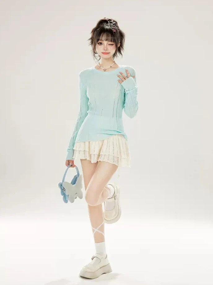 Slim Neck Ground Rippin Knit Irregular Top Summer