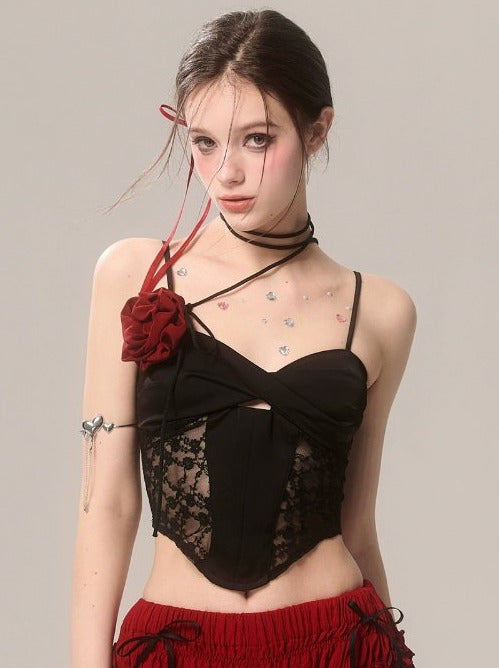 Rose French Short Top Lace Black Suspender