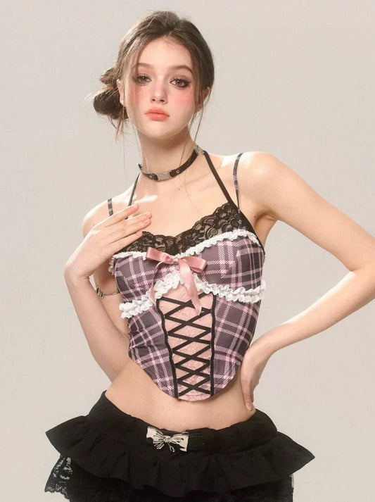 Spicy French Neckholder-Top mit Spitzen-Camisole und Karomuster, süß