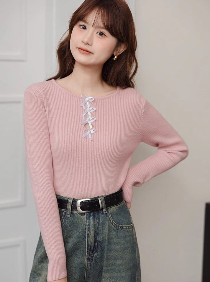 Wool Neck Round Loose Slim Top Design Ribbon